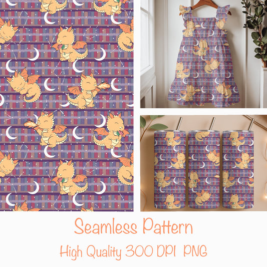 Seamless Dragon Bookshelf Pattern Purple | Dragons, Stars & Moons | Fantasy Bookish Digital Paper PNG for POD