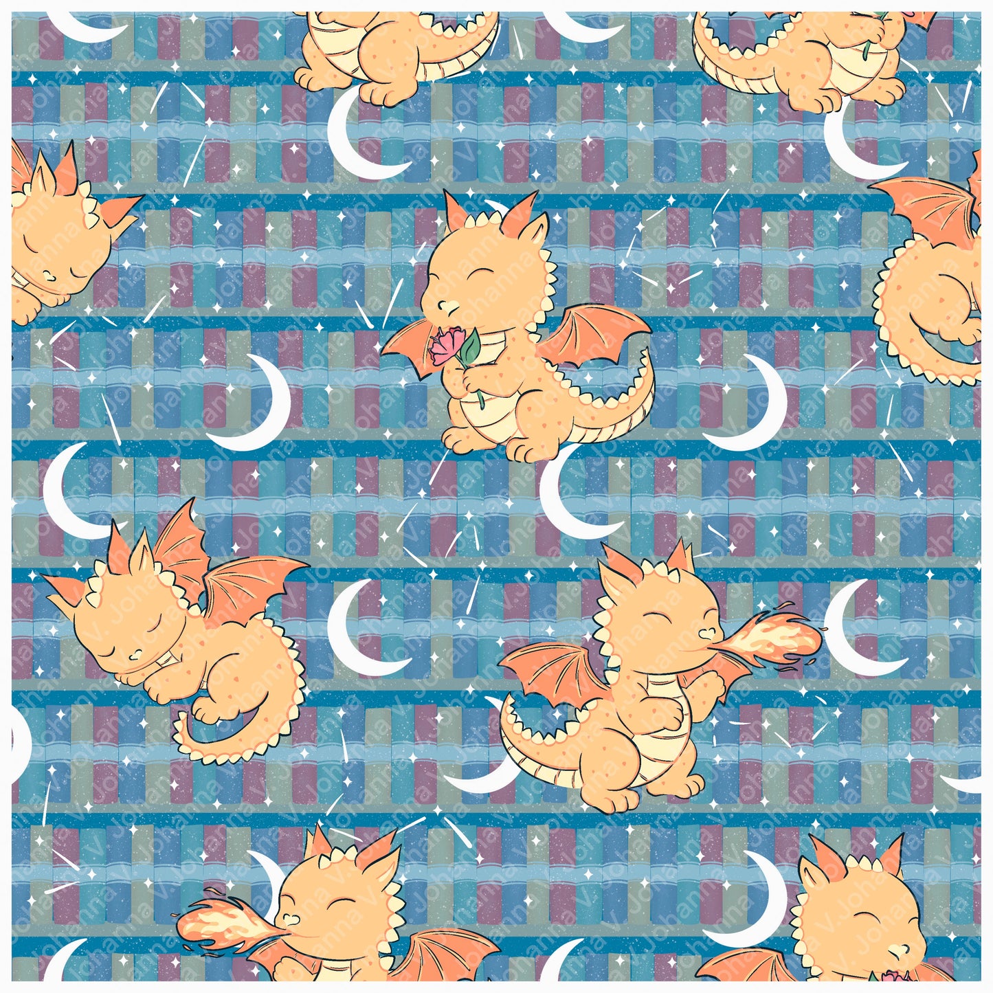 Seamless Dragon Bookshelf Pattern Blue | Dragons, Stars & Moons | Fantasy Bookish Digital Paper PNG for POD