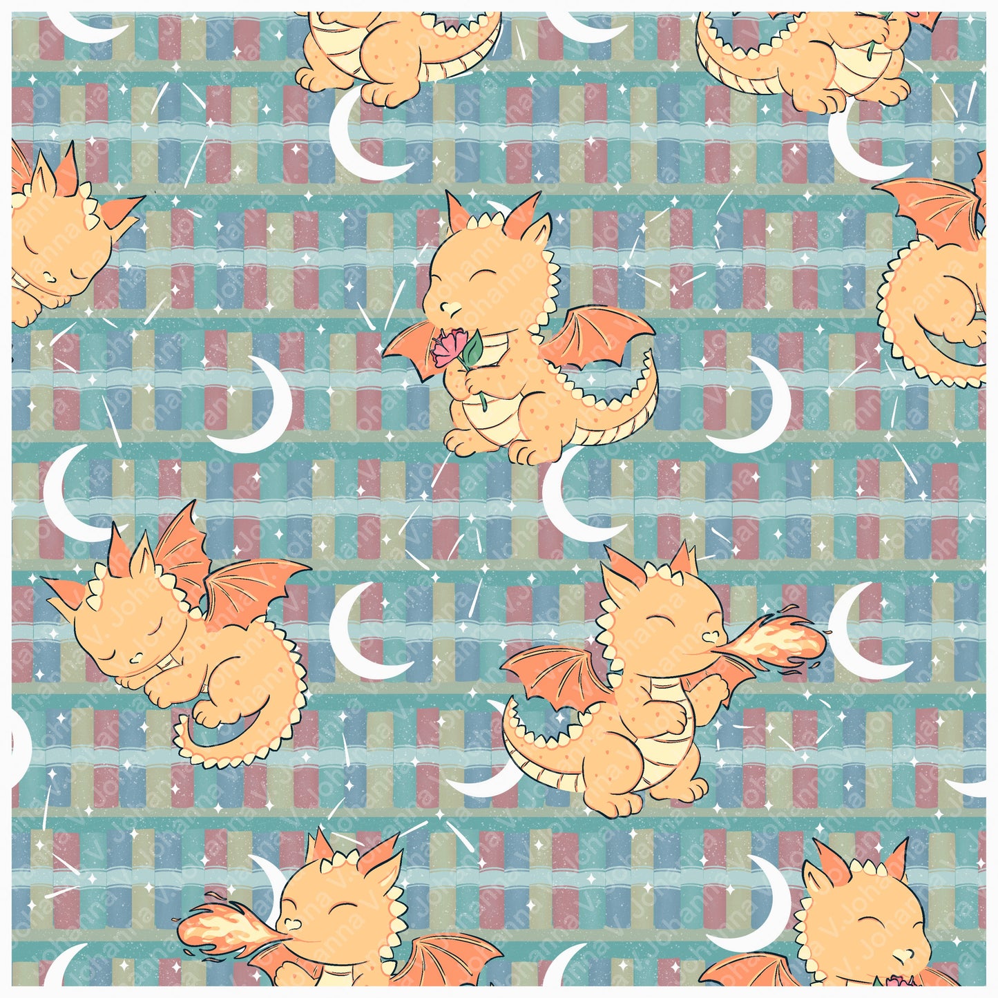 Seamless Dragon Bookshelf Pattern Green | Dragons, Stars & Moons | Fantasy Bookish Digital Paper PNG for POD