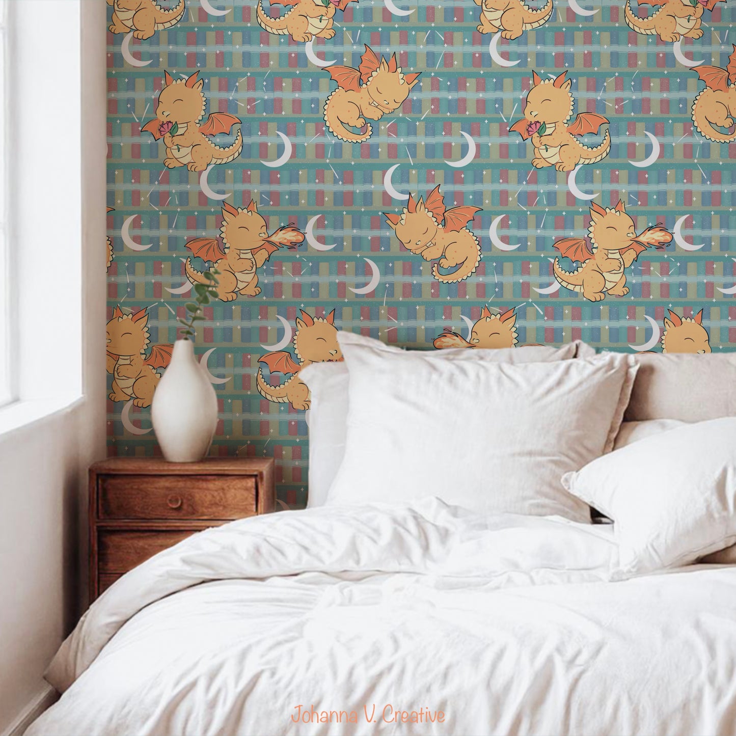 Seamless Dragon Bookshelf Pattern Green | Dragons, Stars & Moons | Fantasy Bookish Digital Paper PNG for POD