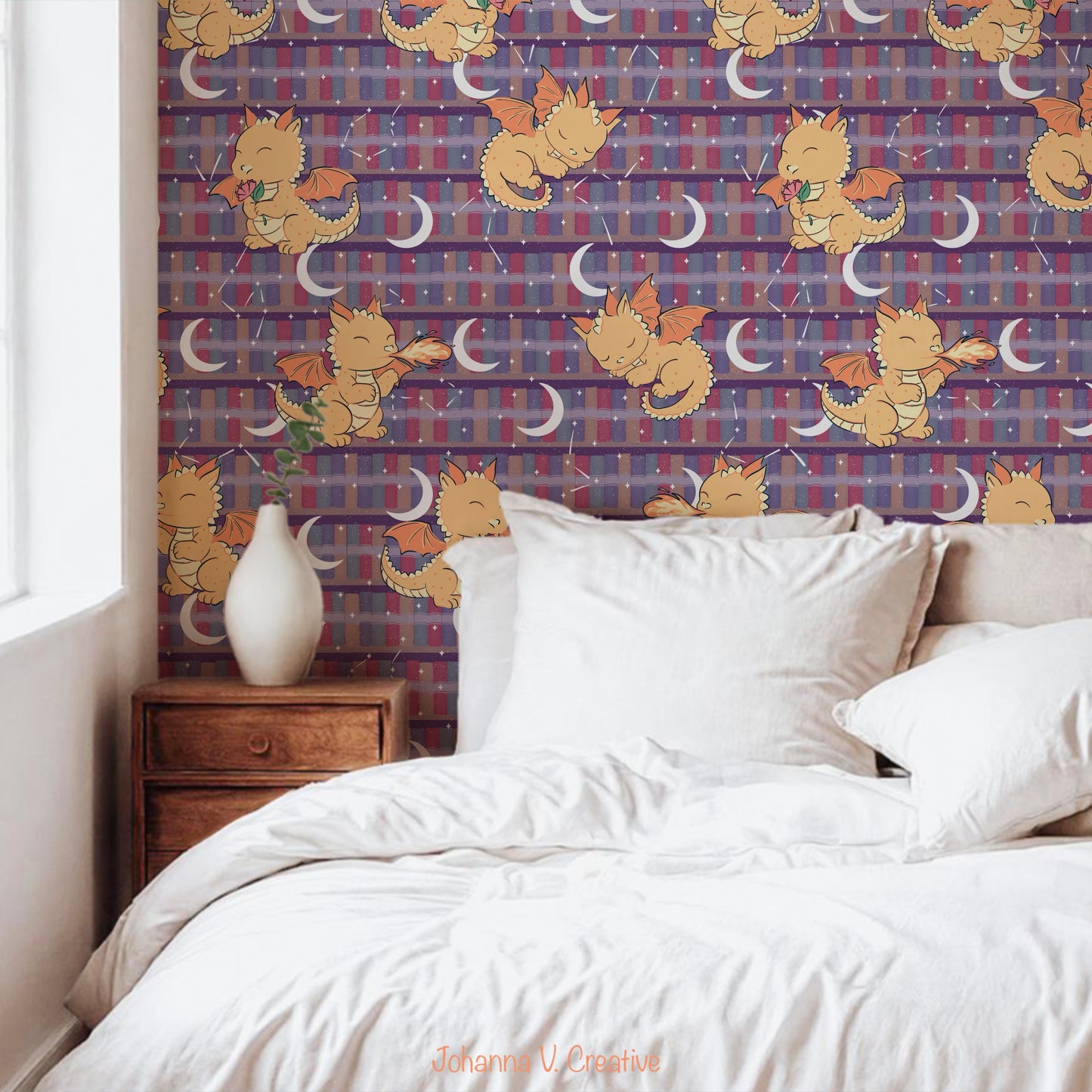 Seamless Dragon Bookshelf Pattern Purple | Dragons, Stars & Moons | Fantasy Bookish Digital Paper PNG for POD