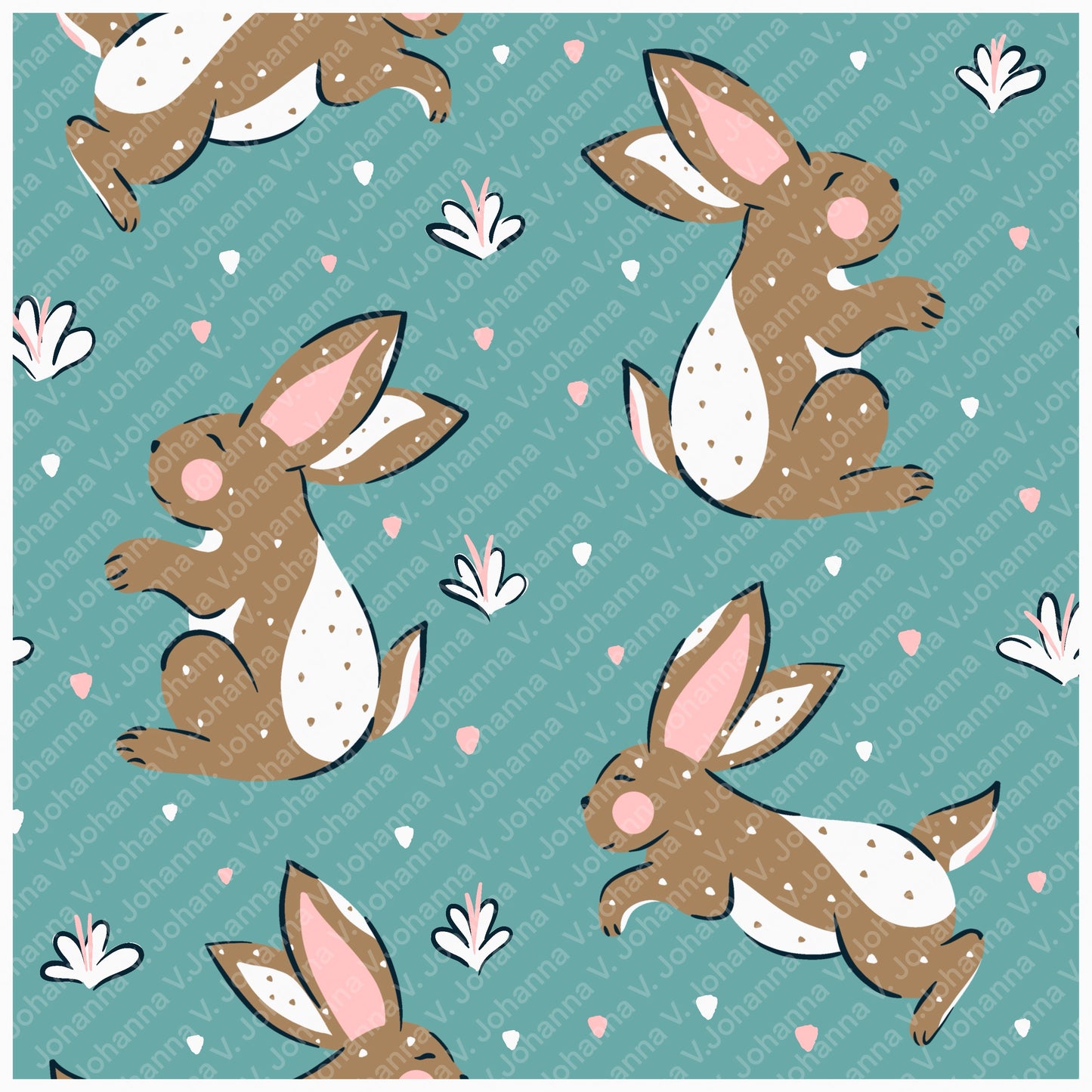 Spring Bunny Pattern Collection Blue | Bunnies, Flowers & Carrots | Seamless Digital Paper PNG for Sublimation & POD