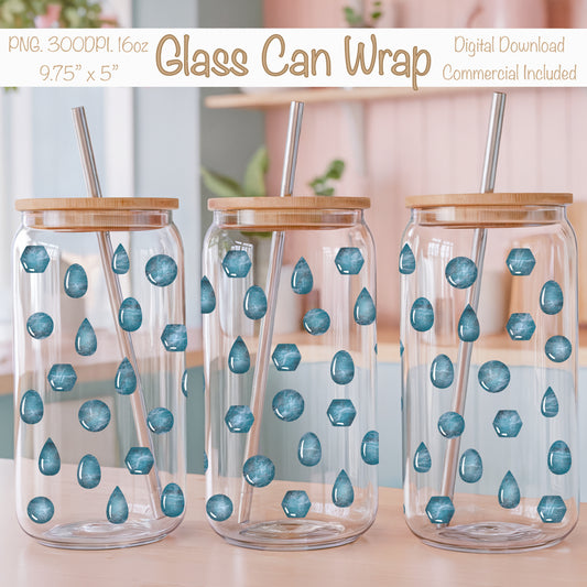 Crystal Gems Glass Can Wrap PNG Blue | Magical Crystal Cup Design | Boho Gemstone Sublimation Wrap 12.75x6.5