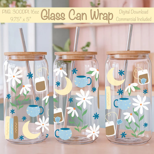 Cottagecore Moon & Tea Glass Can Wrap PNG | 16oz Libbey Cup Design