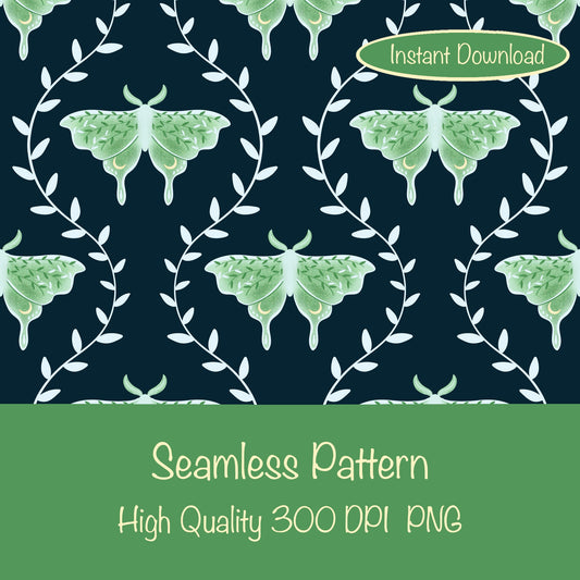 Whimsical Moth Seamless Pattern Digital File Dark – Dreamy 12x12” PNG, 300 DPI, Commercial Use