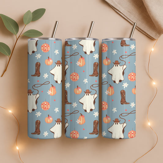 Halloween Cowgirl Ghost Tumbler Wrap PNG | Pumpkins & Disco Balls | 20oz Skinny Tumbler Design