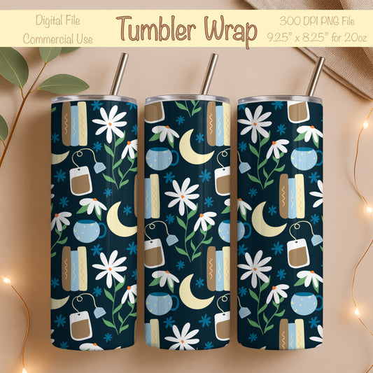 Cottagecore Tumbler Wrap PNG | Moons, Tea, Books & Flowers | 20oz Skinny Cup Design