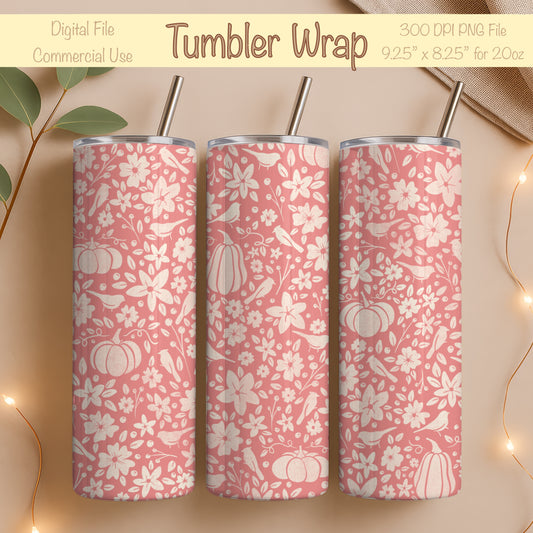 Winter Pumpkins & Birds Tumbler Wrap PNG | Floral 20oz Skinny Tumbler Design