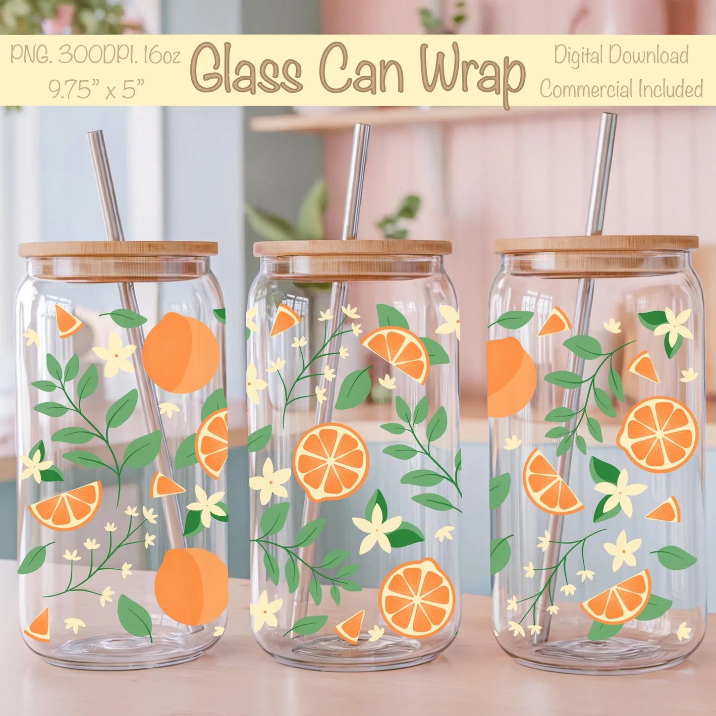 Oranges & Blossoms Glass Can Wrap PNG | 16oz Libbey Glass Wrap