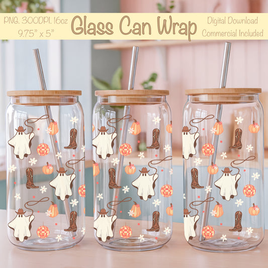 Halloween Cowgirl Ghost Glass Can Wrap PNG | Pumpkins & Disco Balls | 16oz Libbey Cup Design