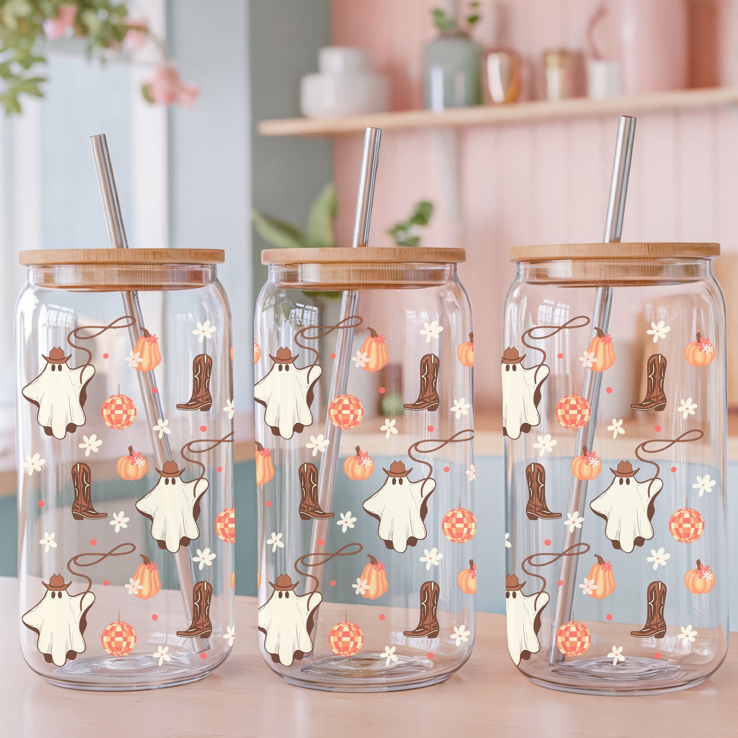 Halloween Cowgirl Ghost Glass Can Wrap PNG | Pumpkins & Disco Balls | 16oz Libbey Cup Design