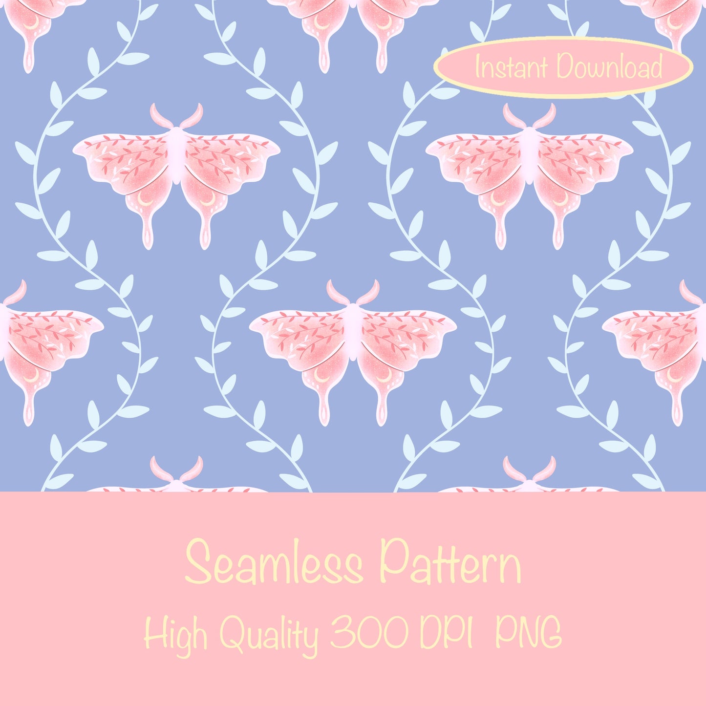 Whimsical Moth Seamless Pattern Digital File – Dreamy 12x12” PNG, 300 DPI, Commercial Use