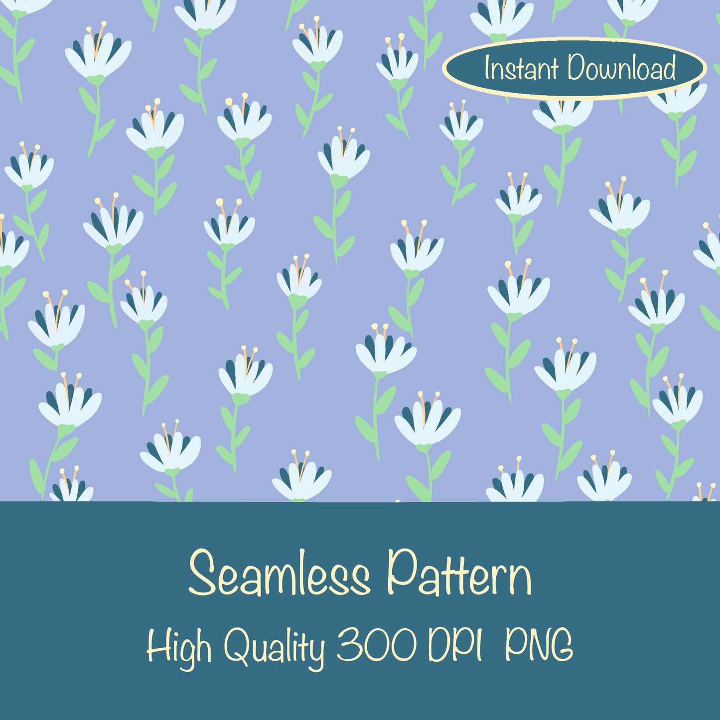 Whimsical Blooms Seamless Pattern Purple - Floral Digital Paper PNG 12” x 12” 300 DPI