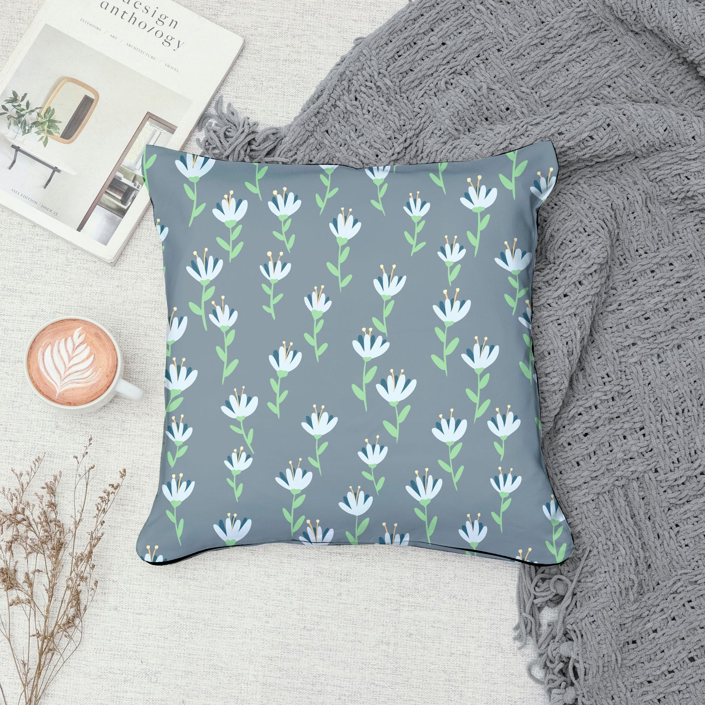 Whimsical Blooms Seamless Pattern Grey - Floral Digital Paper PNG 12” x 12” 300 DPI