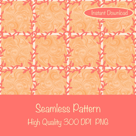 Whimsical Tiles & Botanicals Seamless Pattern Orange | Digital Paper PNG 12” x 12” 300 DPI