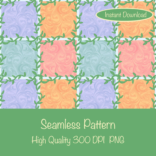 Whimsical Tiles & Botanicals Seamless Pattern | Digital Paper PNG 12” x 12” 300 DPI