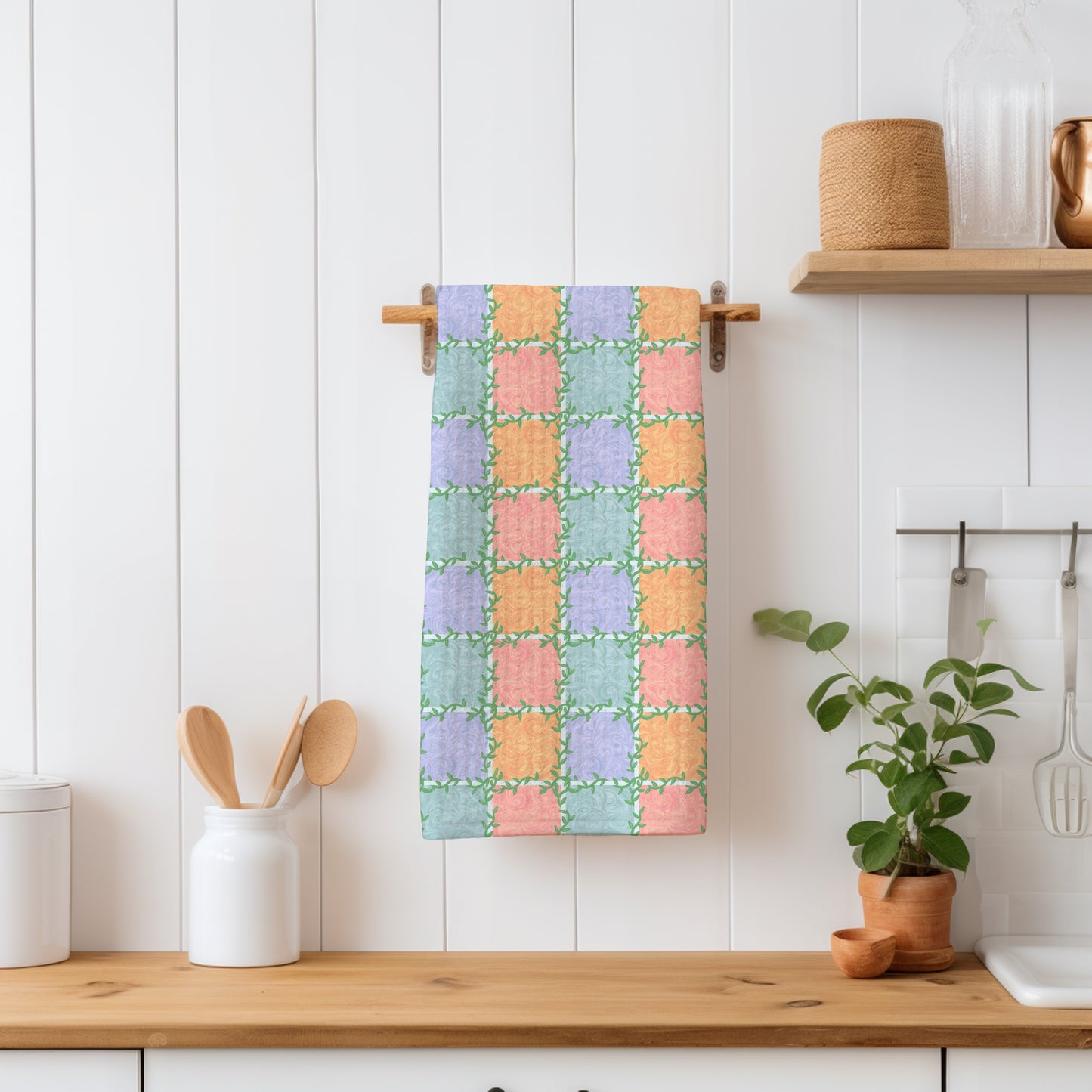 Whimsical Tiles & Botanicals Seamless Pattern | Digital Paper PNG 12” x 12” 300 DPI