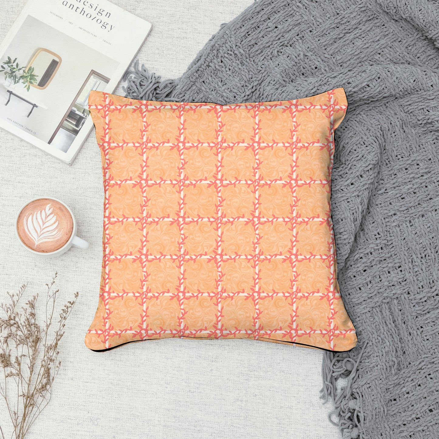 Whimsical Tiles & Botanicals Seamless Pattern Orange | Digital Paper PNG 12” x 12” 300 DPI