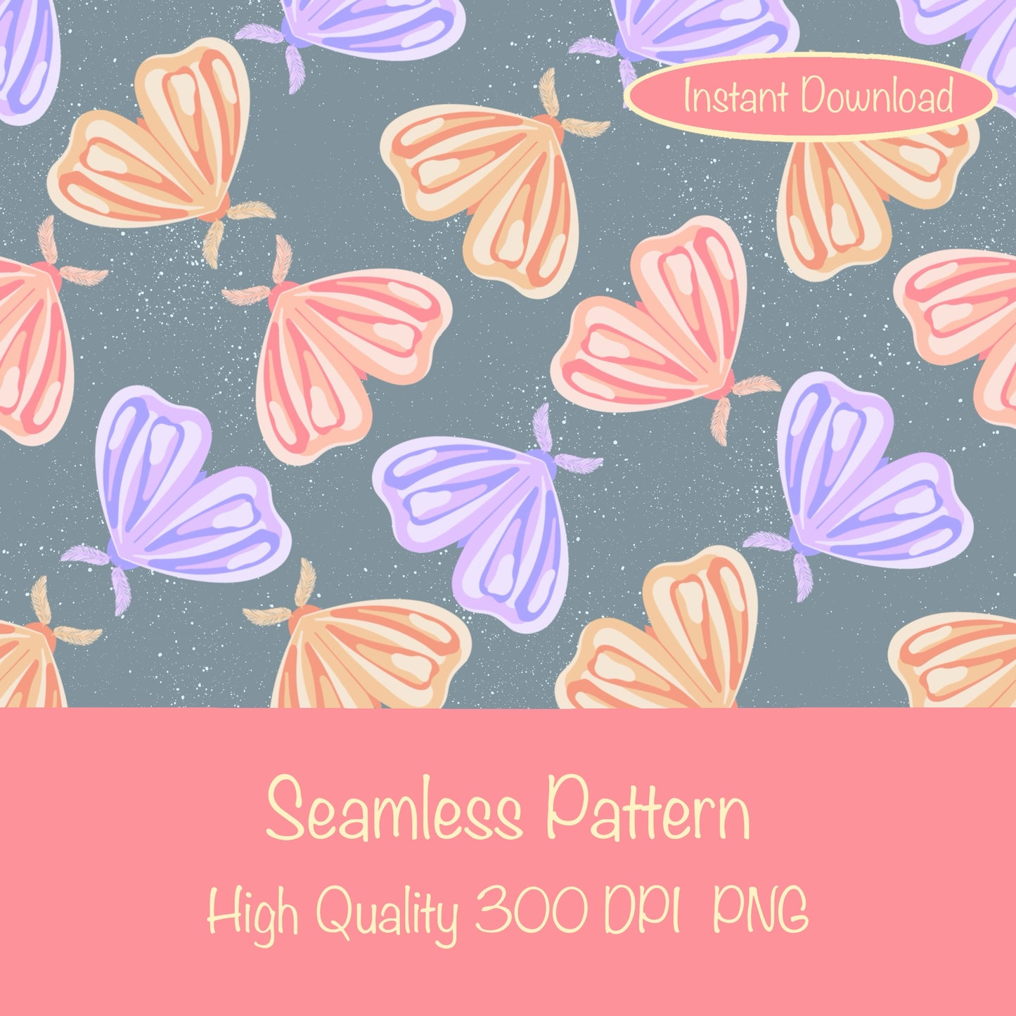 Whimsical Moths Seamless Pattern Grey | Digital Paper PNG 12” x 12” 300 DPI