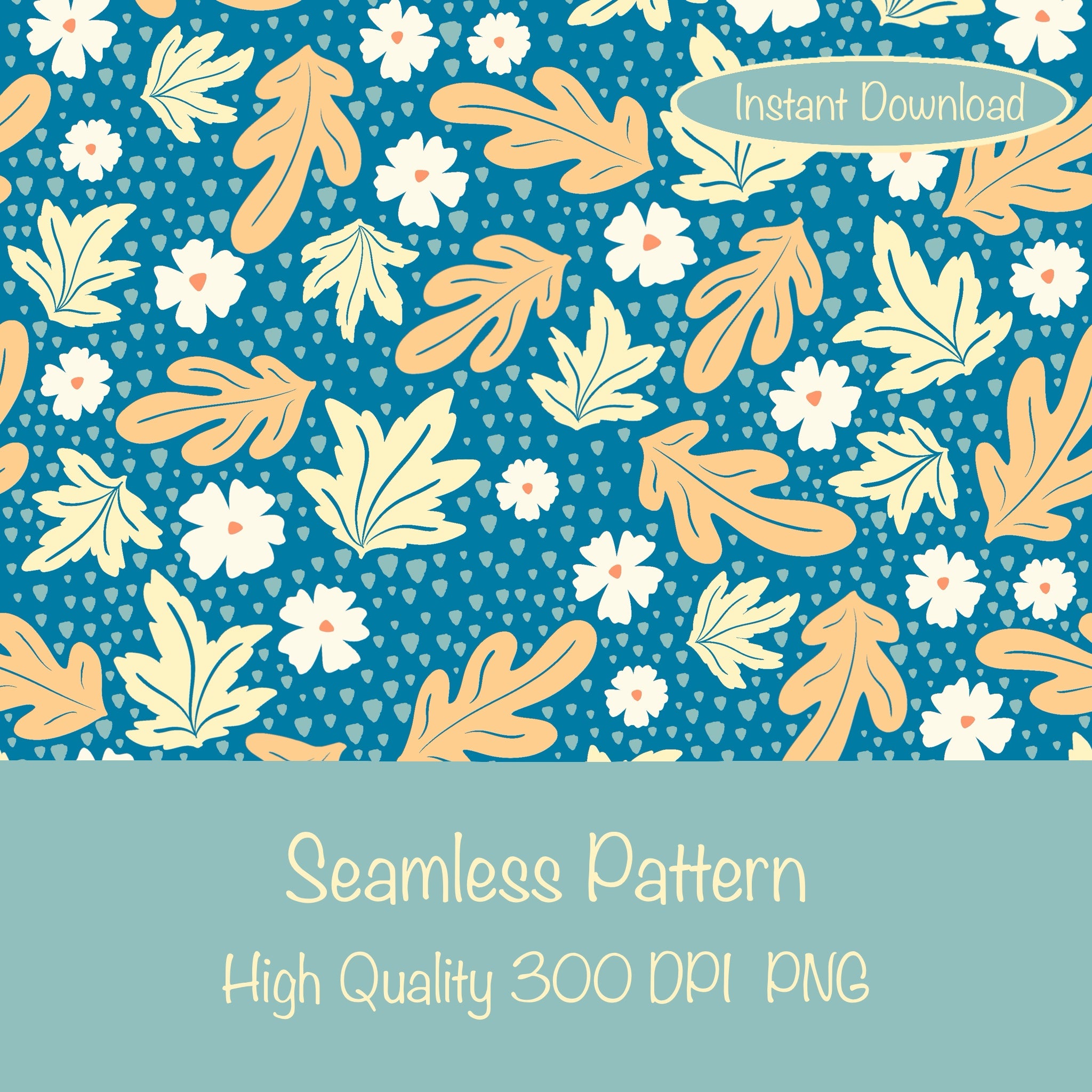Fall Leaves & Flowers Seamless Pattern Blue | Autumn Digital Paper PNG ...