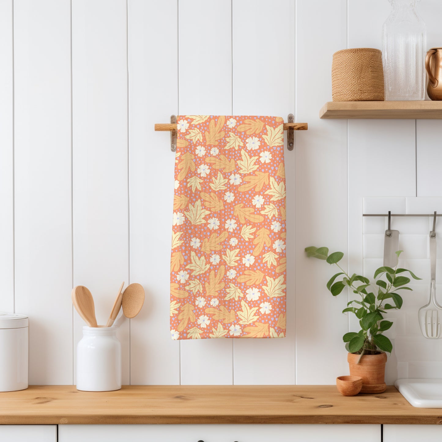 Fall Leaves & Flowers Seamless Pattern Orange | Autumn Digital Paper PNG | Cozy Floral Print