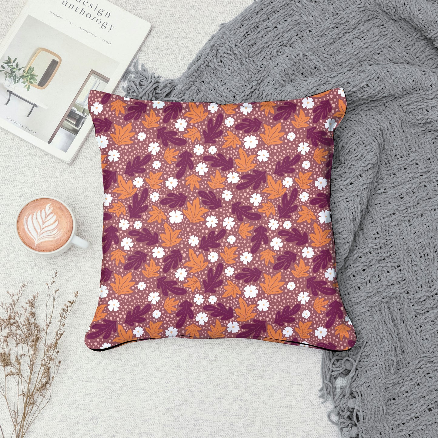 Fall Leaves & Flowers Seamless Pattern Dark | Autumn Digital Paper PNG | Cozy Floral Print