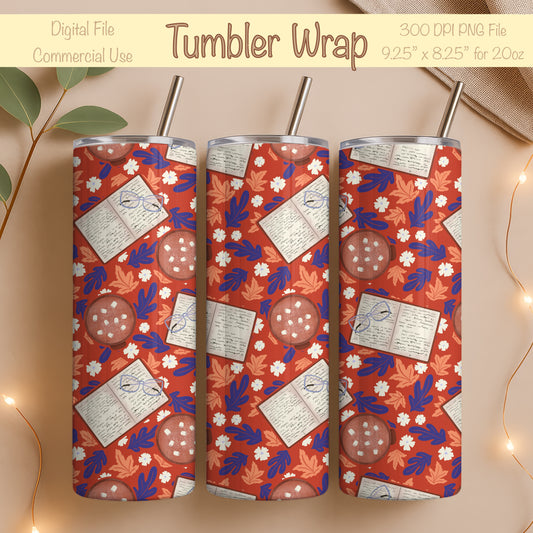 Cozy Fall 20 oz Tumbler Wrap Red – Books, Hot Cocoa & Fall Florals PNG | Digital 9.25” x 8.20”