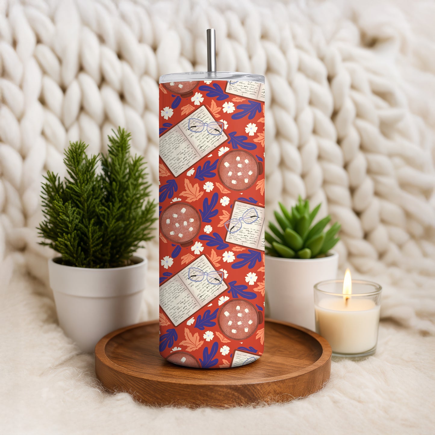 Cozy Fall 20 oz Tumbler Wrap Red – Books, Hot Cocoa & Fall Florals PNG | Digital 9.25” x 8.20”