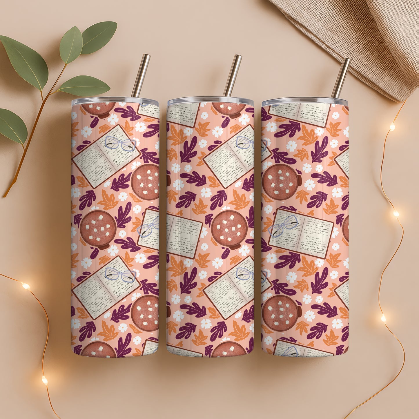 Cozy Fall 20 oz Tumbler Wrap Pink – Books, Hot Cocoa & Fall Florals PNG | Digital 9.25” x 8.20”