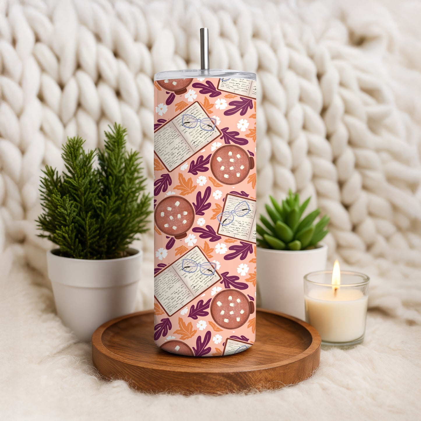 Cozy Fall 20 oz Tumbler Wrap Pink – Books, Hot Cocoa & Fall Florals PNG | Digital 9.25” x 8.20”