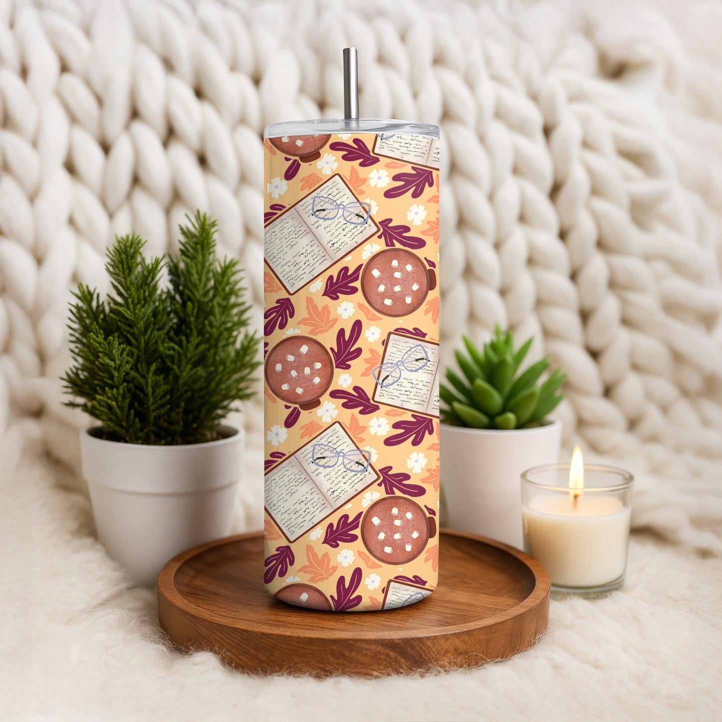 Cozy Fall 20 oz Tumbler Wrap Orange – Books, Hot Cocoa & Fall Florals PNG | Digital 9.25” x 8.20”
