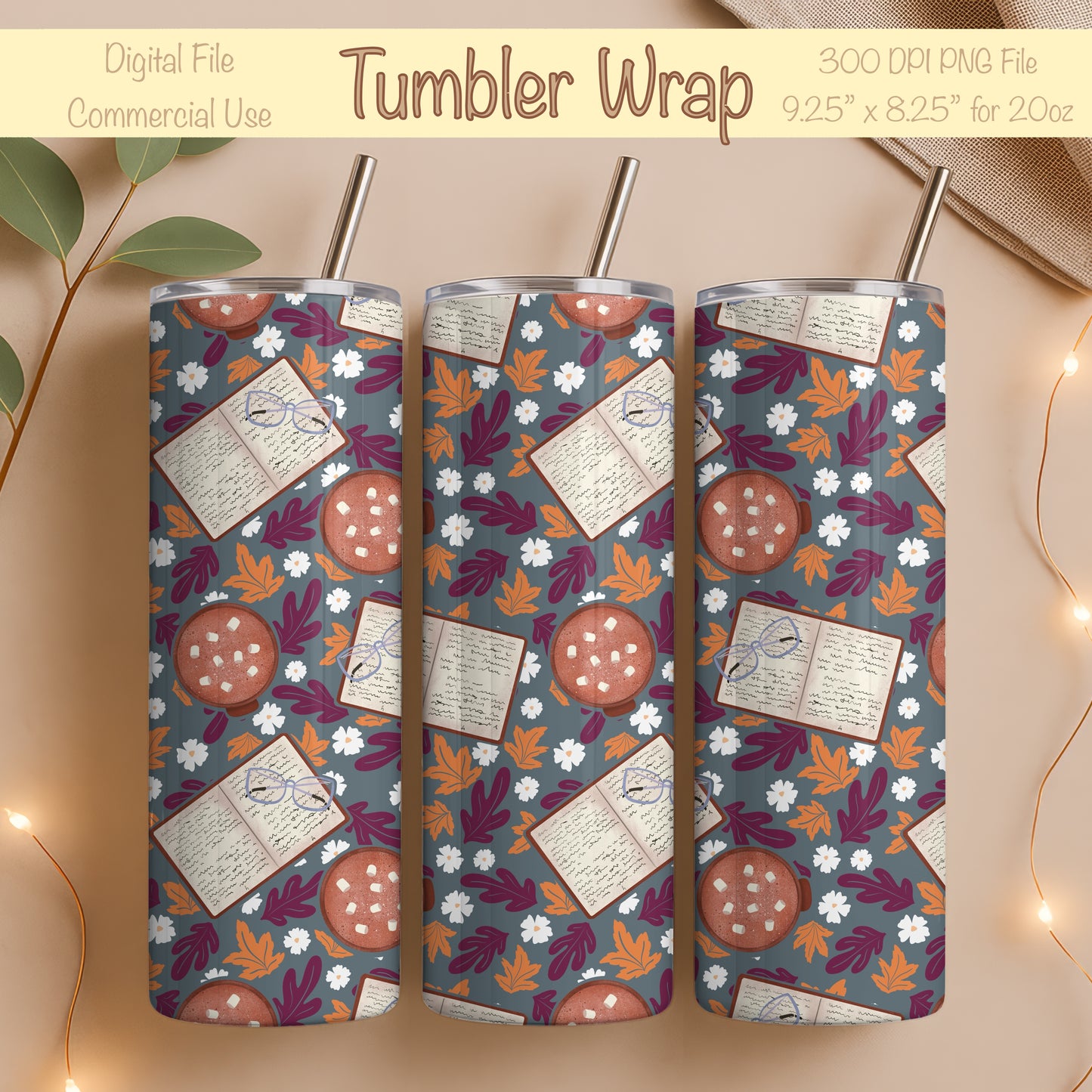 Cozy Fall 20 oz Tumbler Wrap Dark – Books, Hot Cocoa & Fall Florals PNG | Digital 9.25” x 8.20”