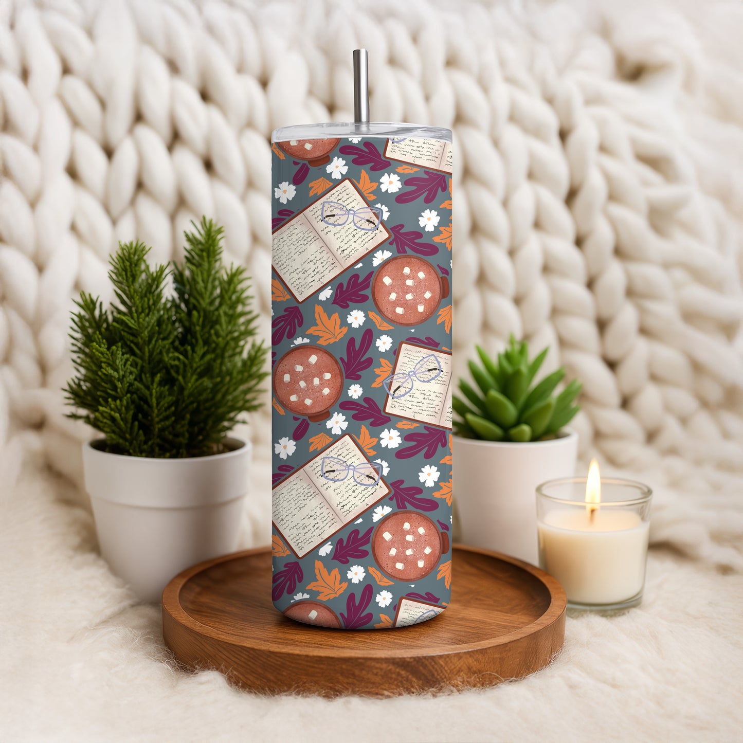Cozy Fall 20 oz Tumbler Wrap Dark – Books, Hot Cocoa & Fall Florals PNG | Digital 9.25” x 8.20”