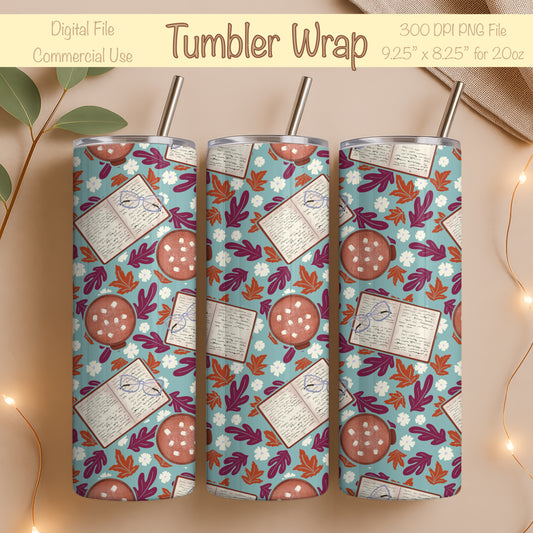 Cozy Fall 20 oz Tumbler Wrap Blue – Books, Hot Cocoa & Fall Florals PNG | Digital 9.25” x 8.20”