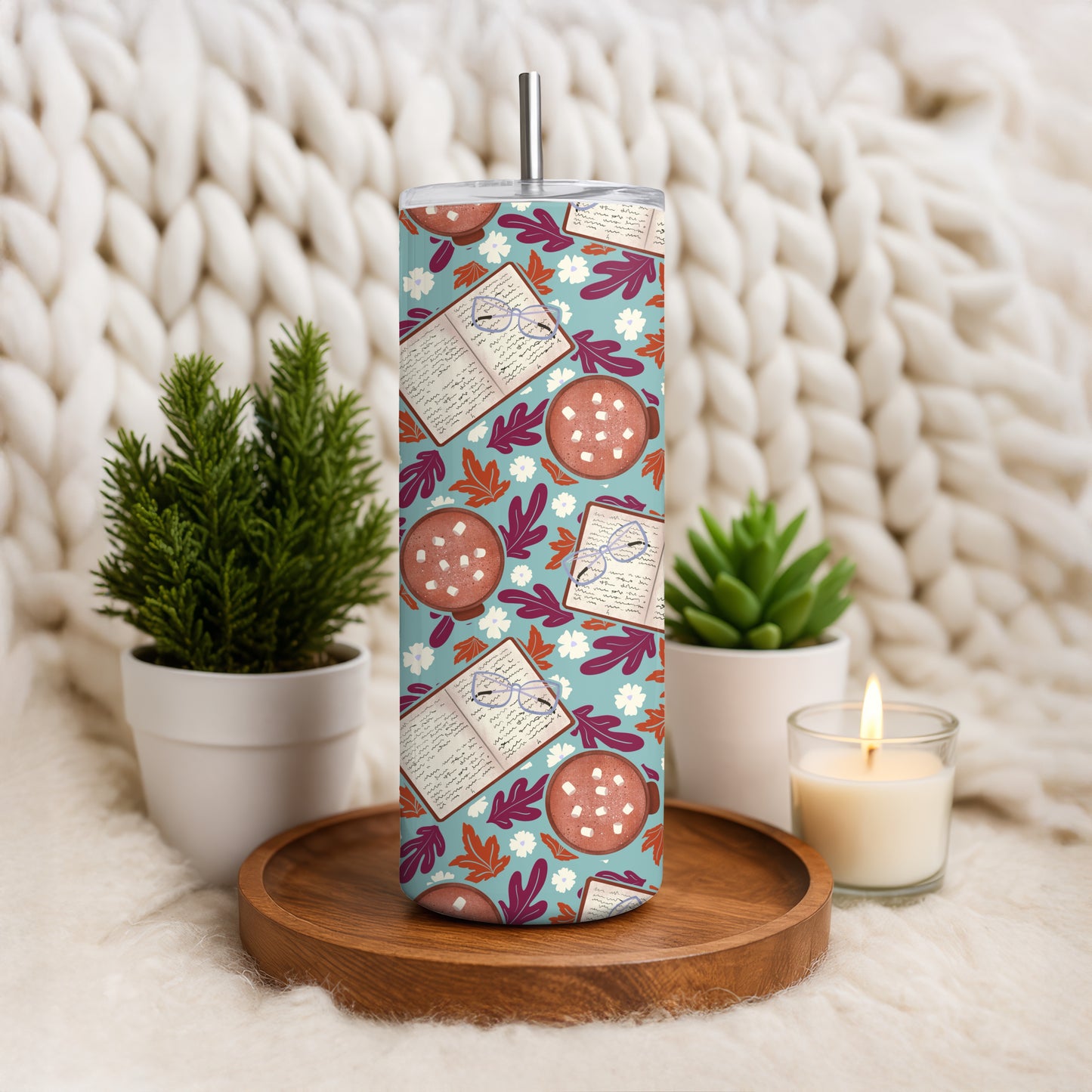 Cozy Fall 20 oz Tumbler Wrap Blue – Books, Hot Cocoa & Fall Florals PNG | Digital 9.25” x 8.20”