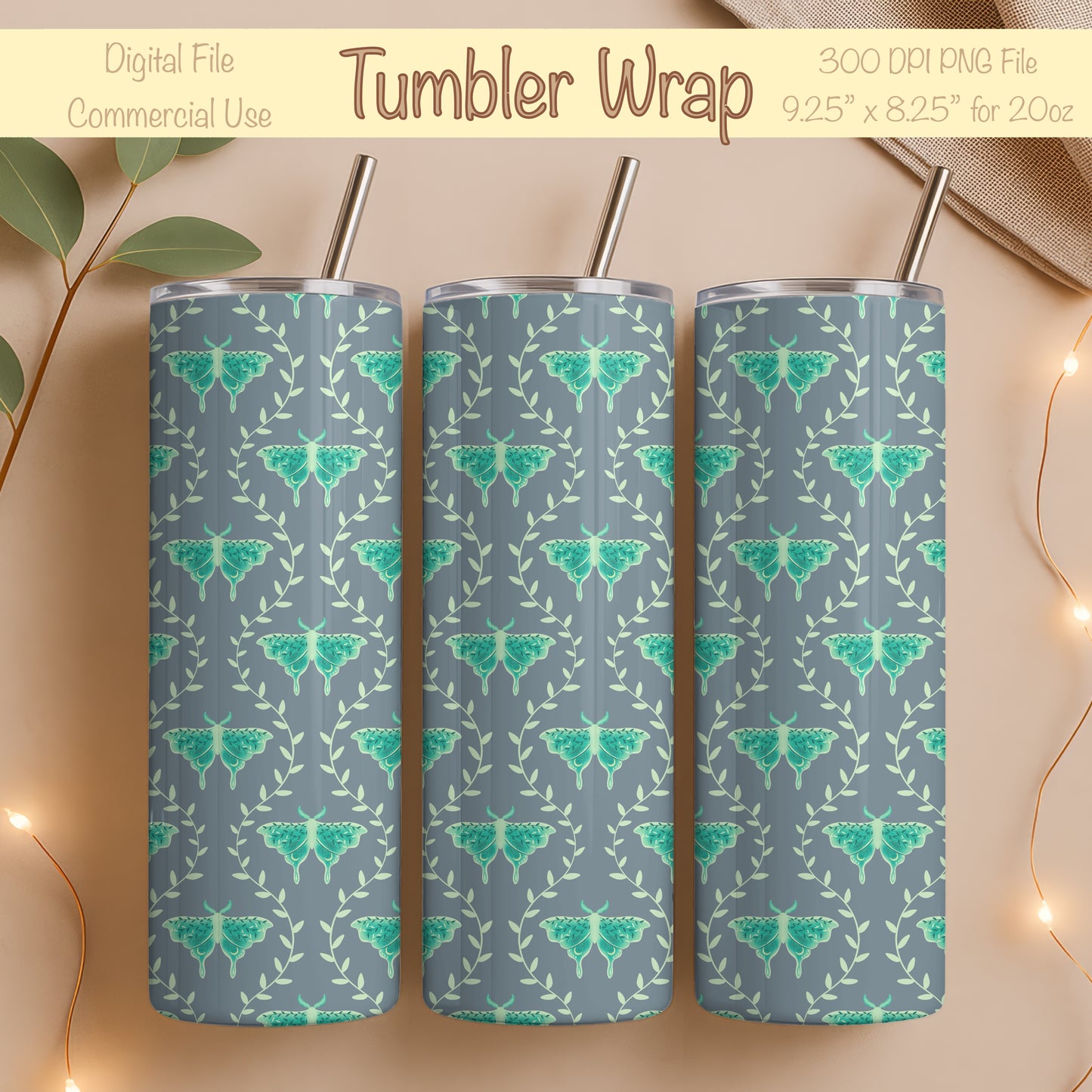 Dreamy Moths Tumbler Wrap Grey – Digital 9.25” x 8.20” PNG File