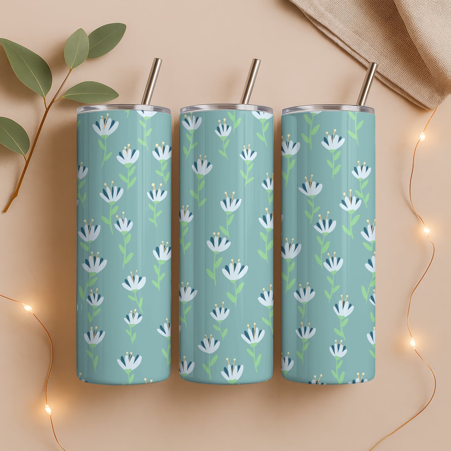 Whimsy Blooms Tumbler Wrap Green – Digital Floral 9.25” x 8.20” PNG File