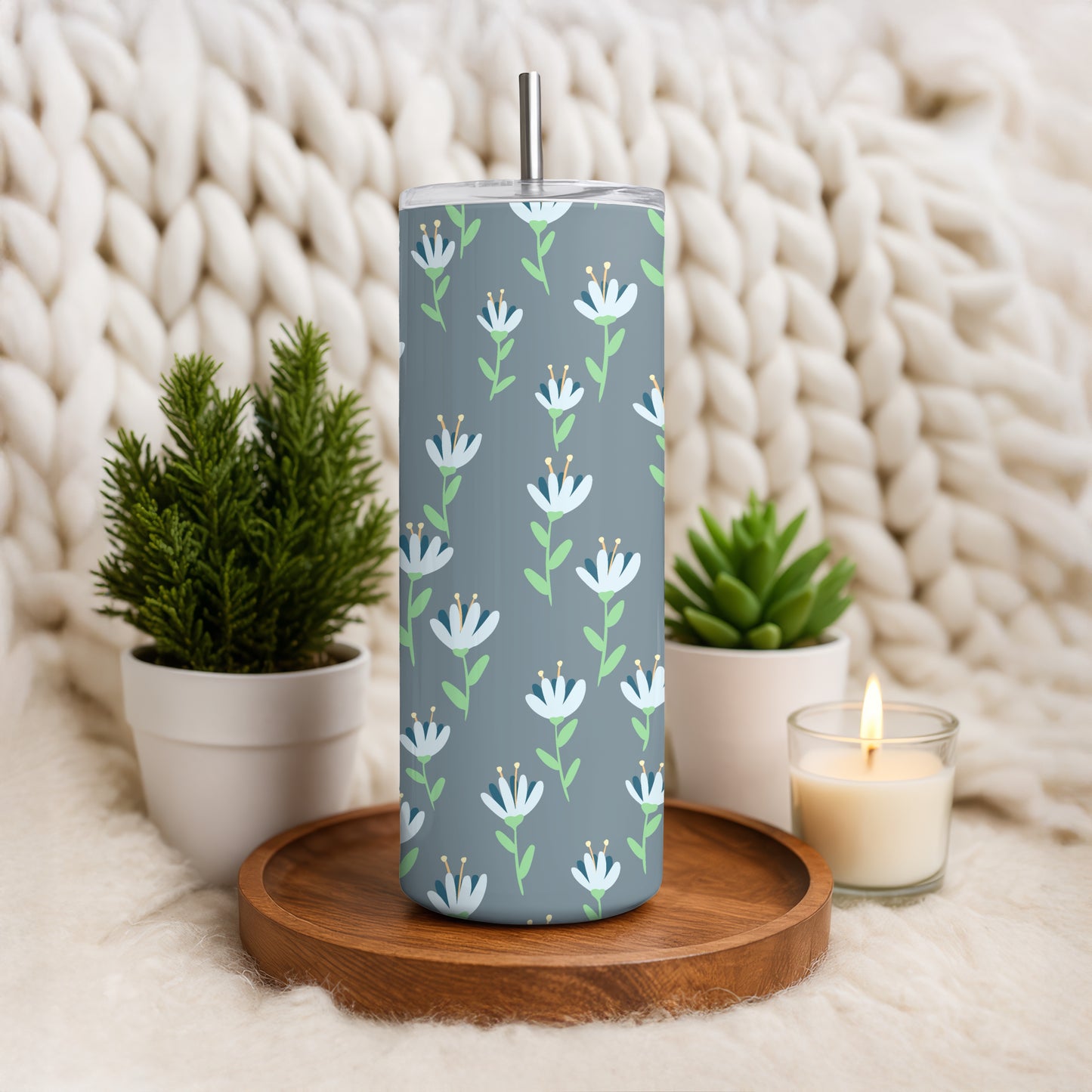 Whimsy Blooms Tumbler Wrap Grey – Digital Floral 9.25” x 8.20” PNG File
