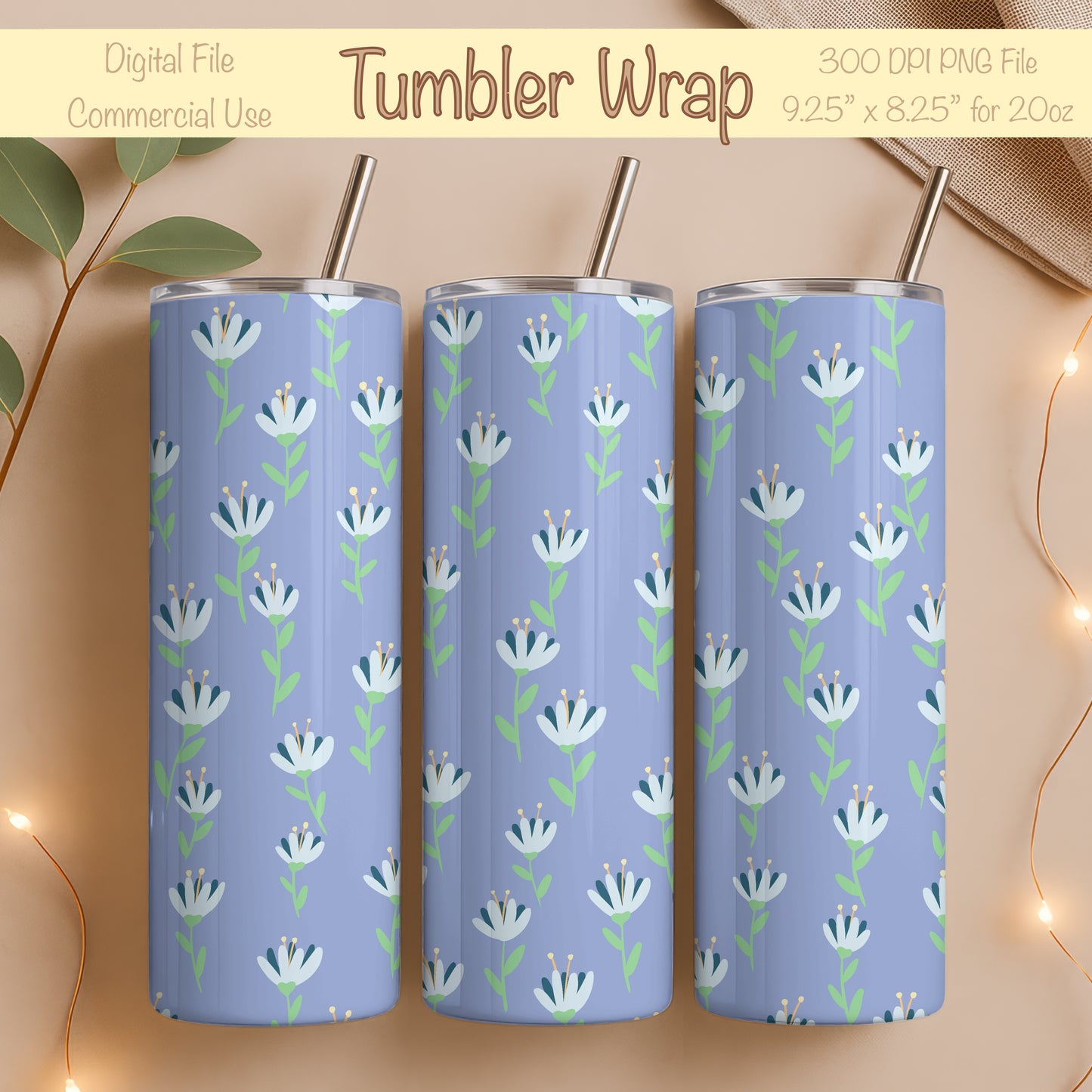 Whimsy Blooms Tumbler Wrap Purple – Digital Floral 9.25” x 8.20” PNG File