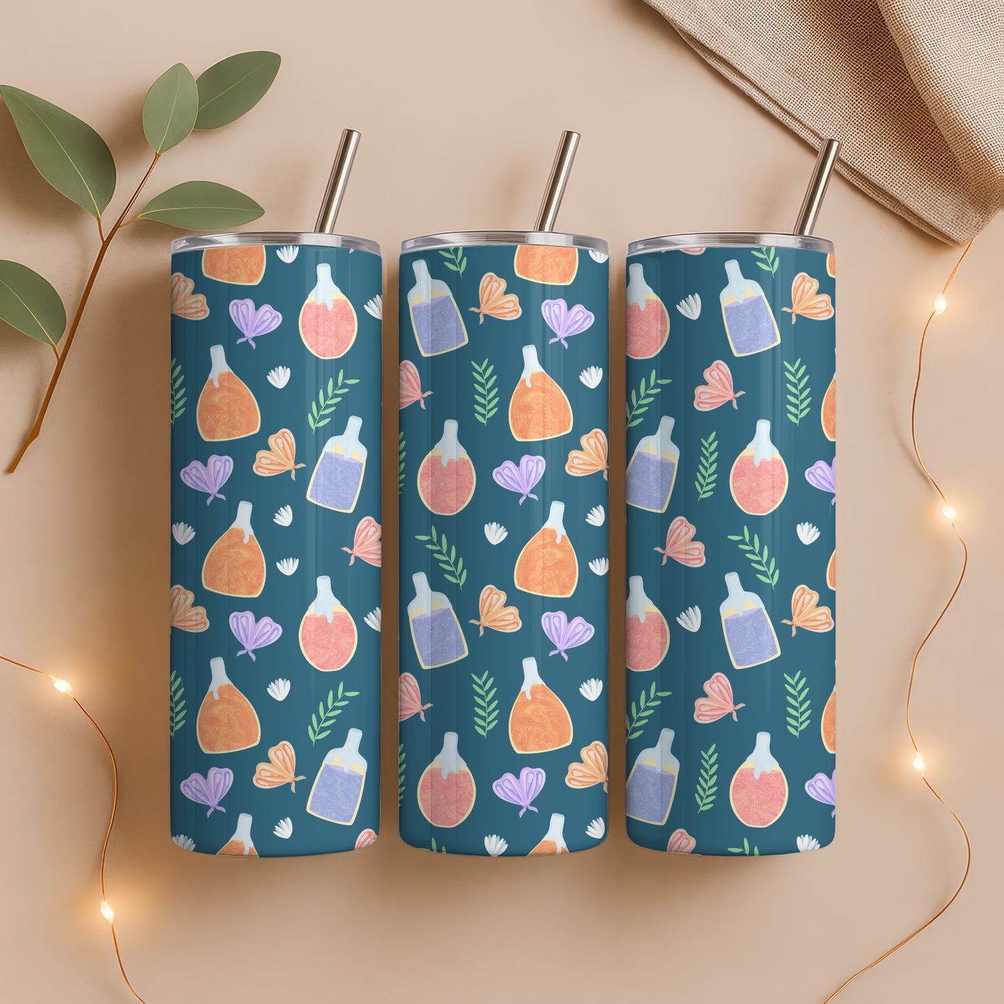 Enchanted Potions & Moths Tumbler Wrap Blue – Whimsical Flowers Digital PNG 9.25” x 8.20”