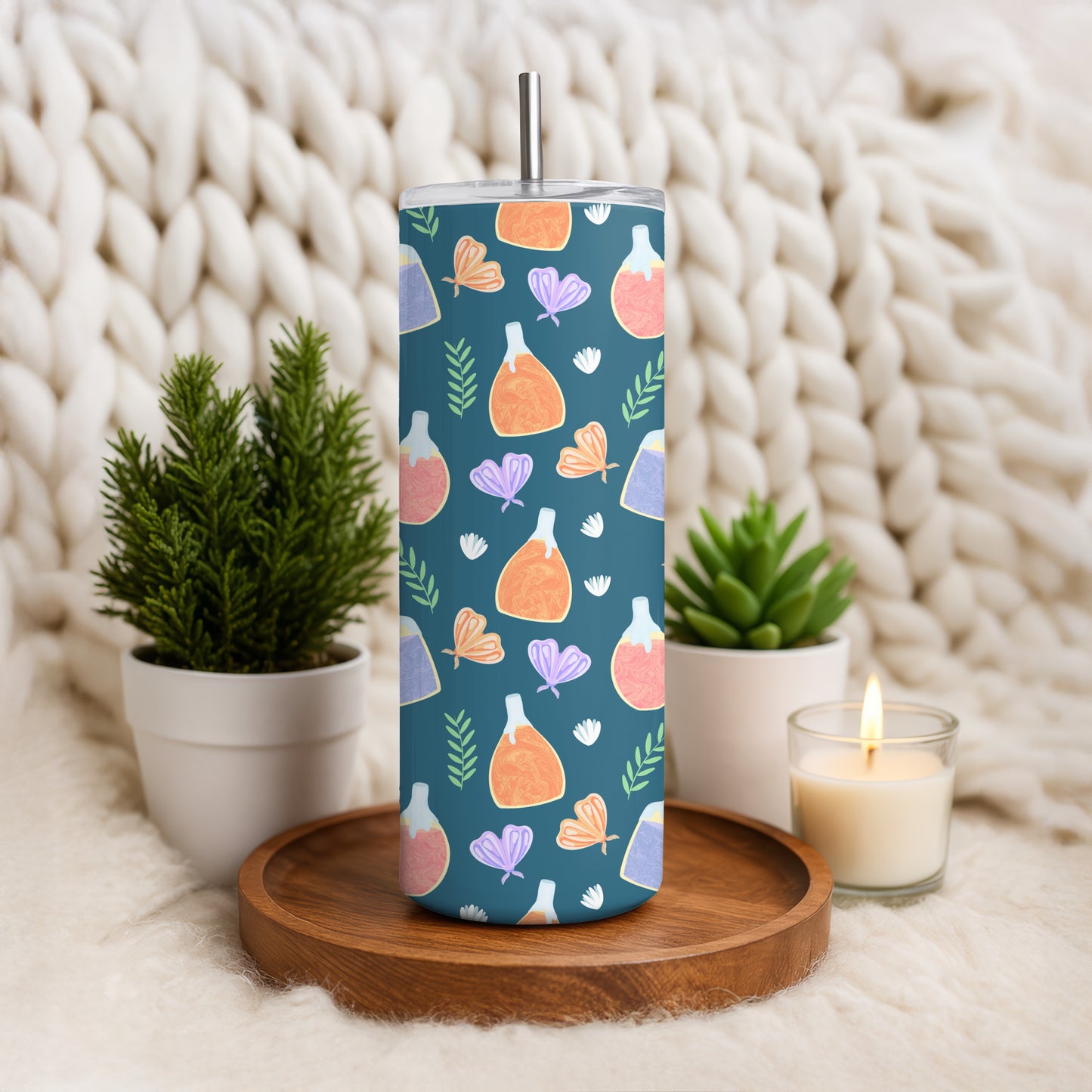 Enchanted Potions & Moths Tumbler Wrap Blue – Whimsical Flowers Digital PNG 9.25” x 8.20”