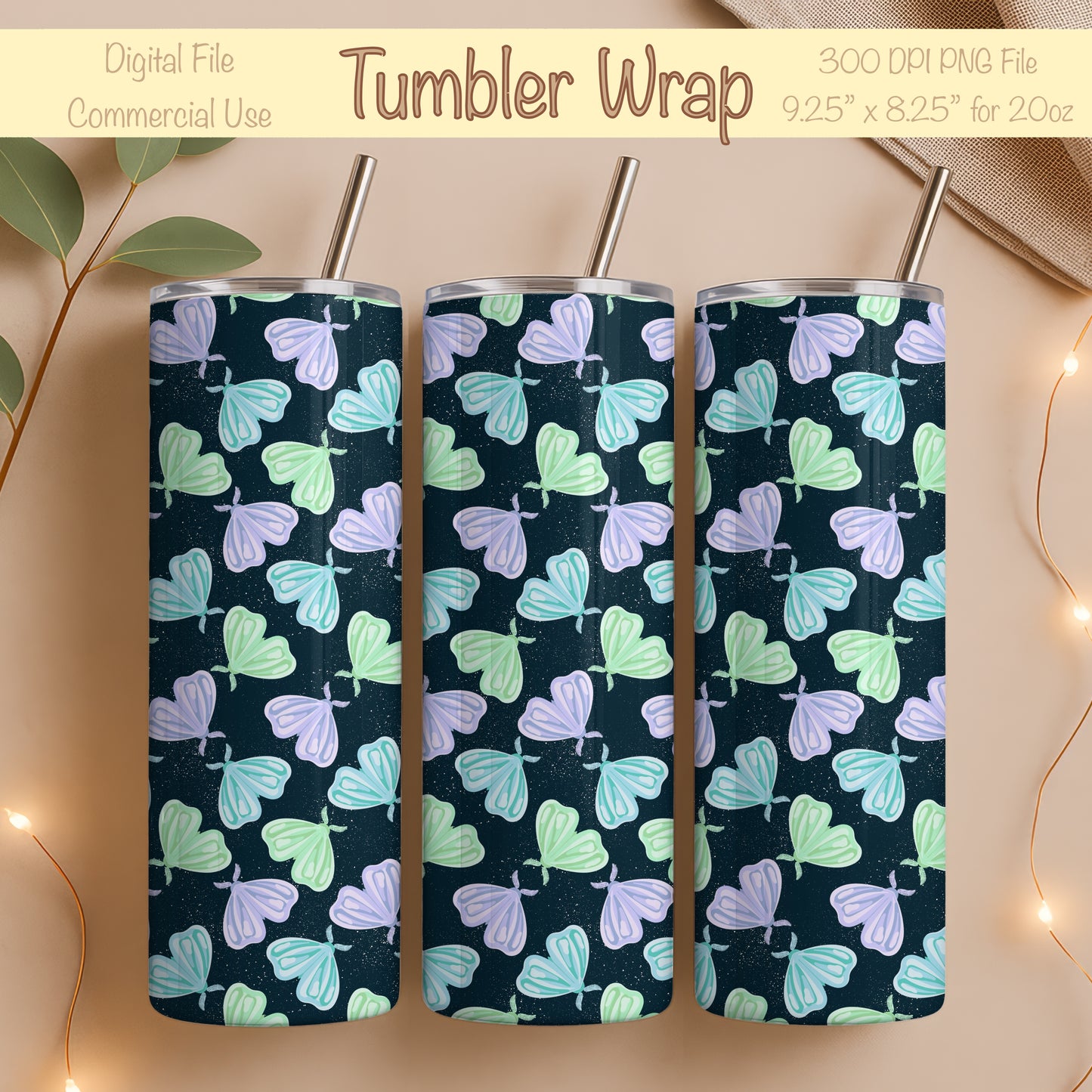Whimsical Moths Tumbler Wrap Dark – Digital 9.25” x 8.20” PNG File