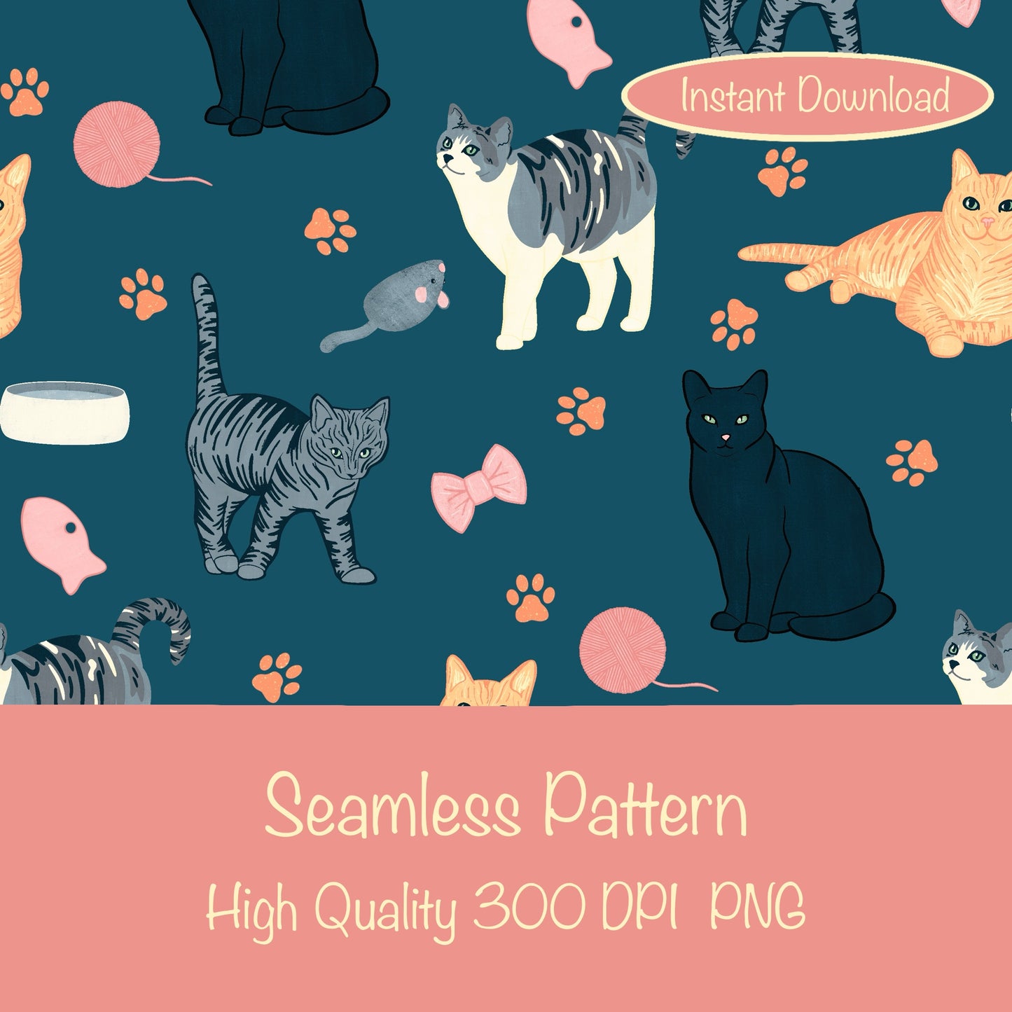 Cat Seamless Pattern Blue – Whimsical Feline Digital Design PNG | 12” x 12” 300 DPI