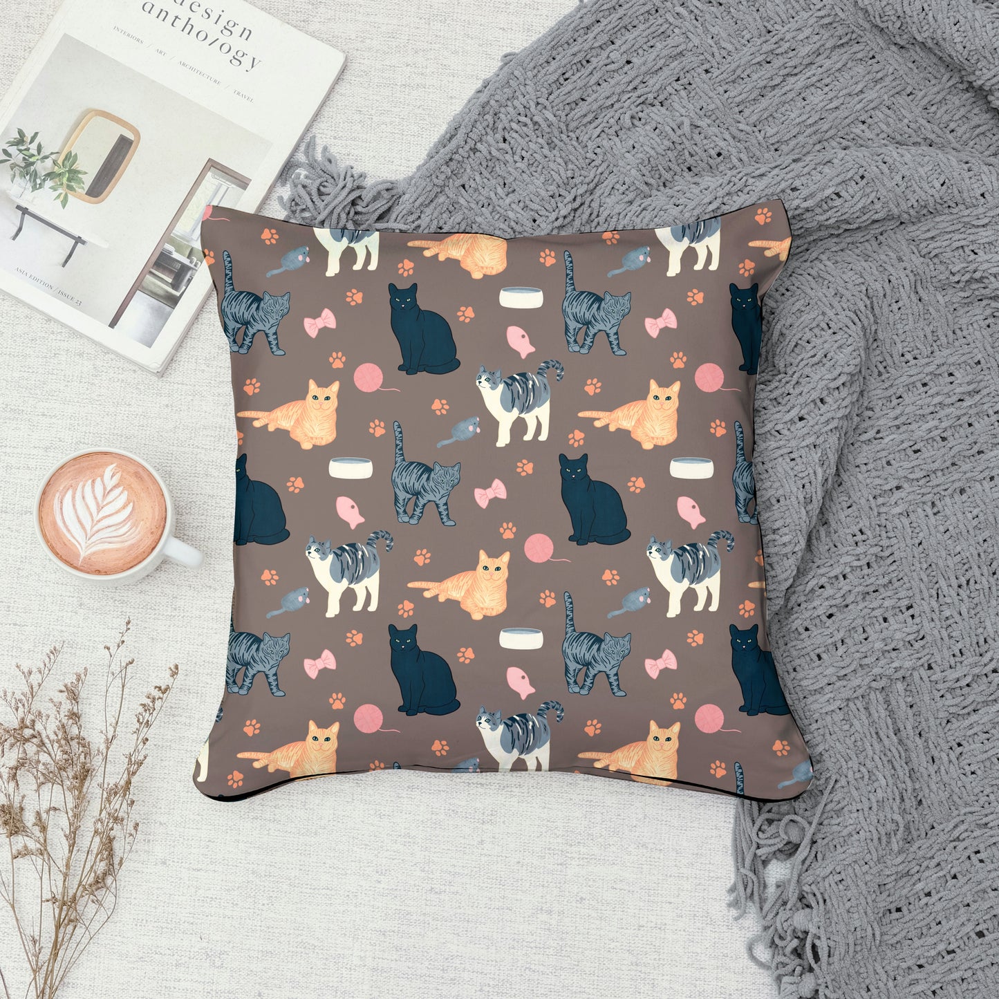 Cat Seamless Pattern Brown – Whimsical Feline Digital Design PNG | 12” x 12” 300 DPI