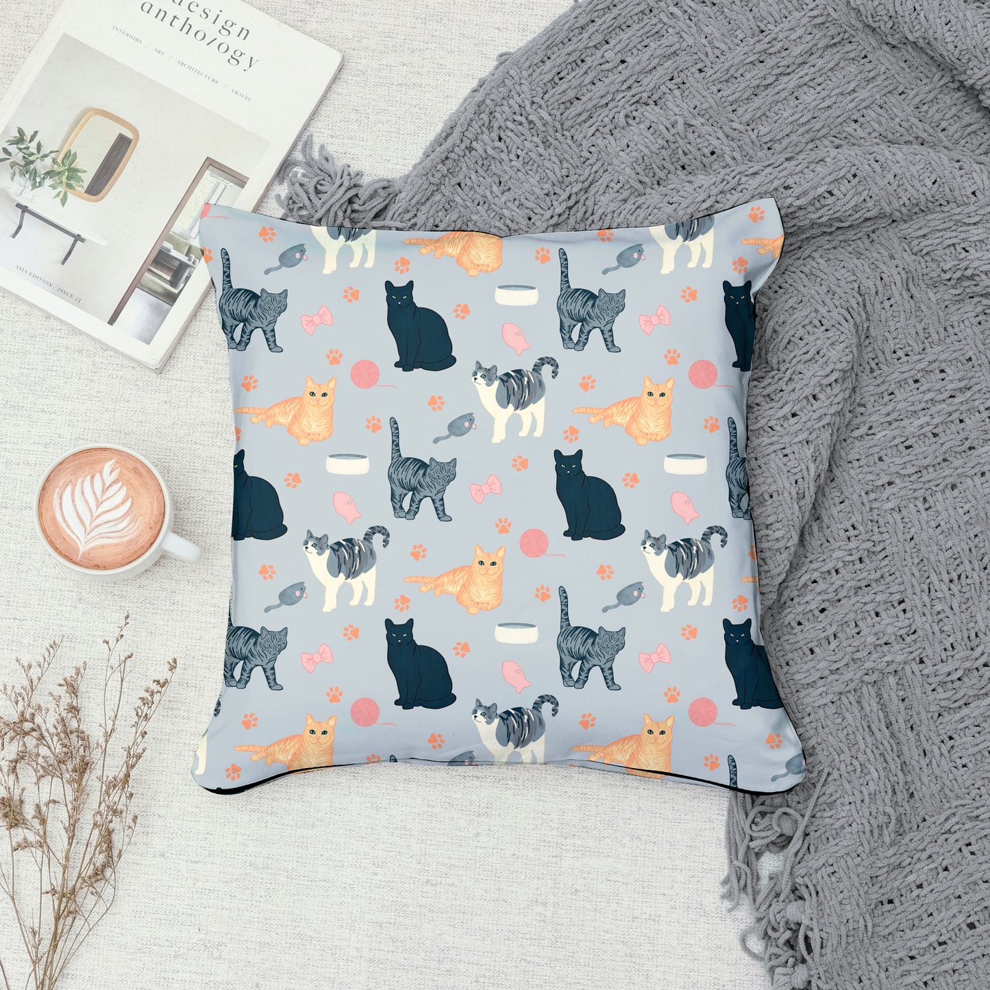 Cat Seamless Pattern Light Grey – Whimsical Feline Digital Design PNG | 12” x 12” 300 DPI