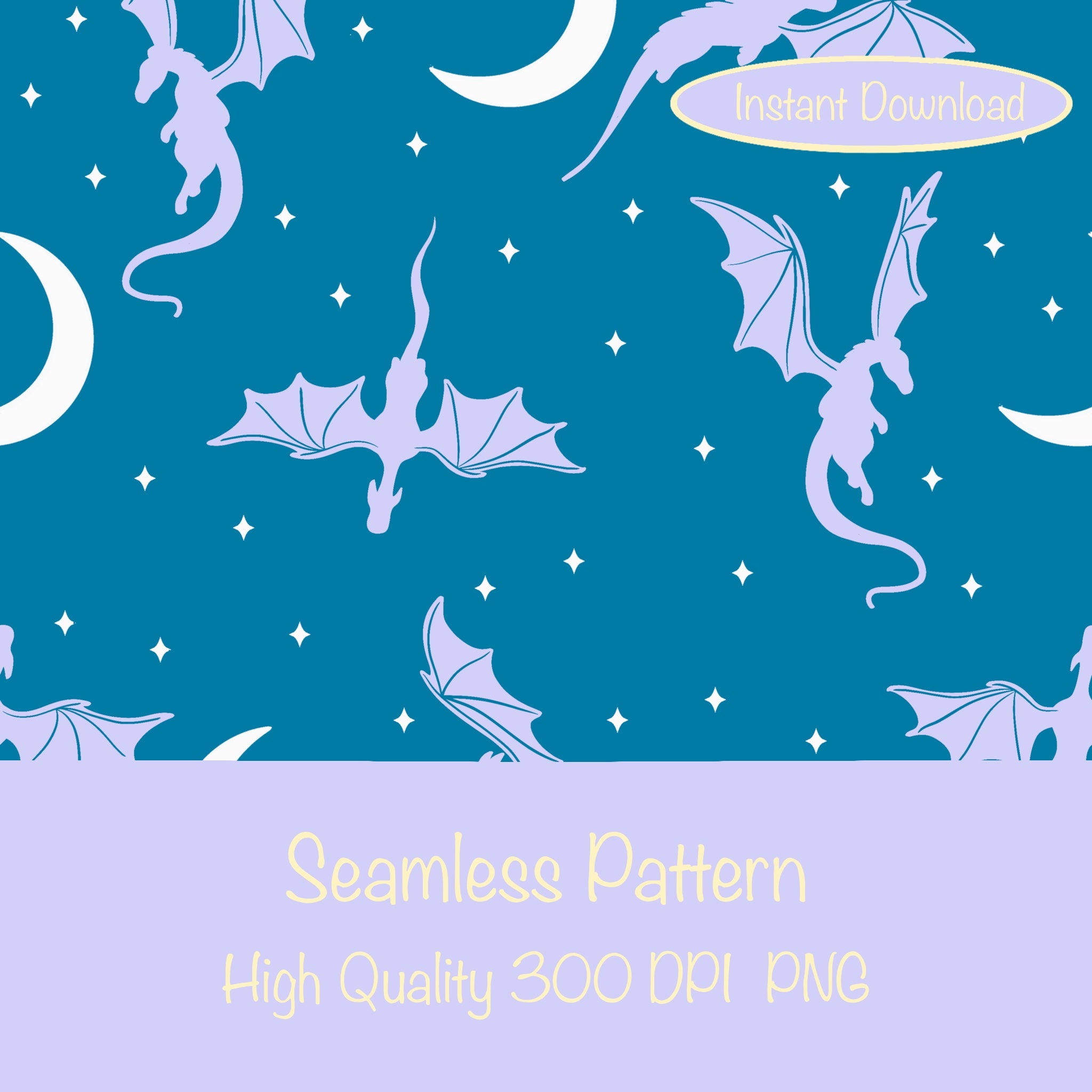 Fantasy Dragon Seamless Pattern Blue | Moons & Stars Digital Design ...