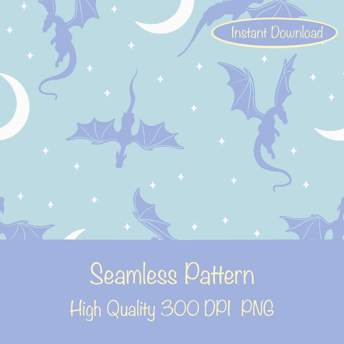 dragon seamless pattern, fantasy fabric print (digital... Fantasy Dragon Seamless Pattern Light Blue | Moons & Stars Digital Des ...