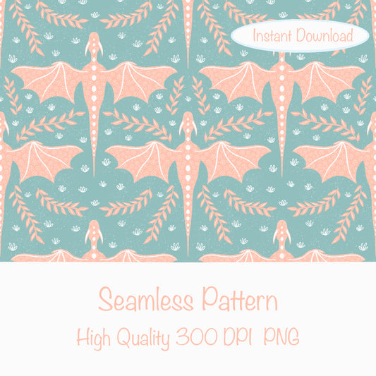 Dreamy Fantasy Dragon & Botanical Seamless Pattern Green | Digital 12x12 PNG