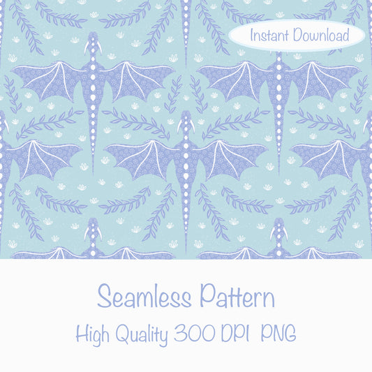 Dreamy Fantasy Dragon & Botanical Seamless Pattern Light Blue | Digital 12x12 PNG
