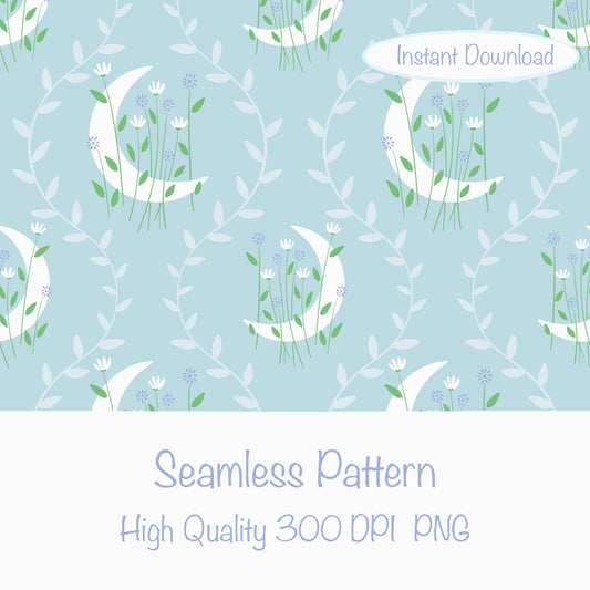 Moon & Botanical Seamless Pattern Blue | Celestial Floral Digital Download | 12x12 PNG
